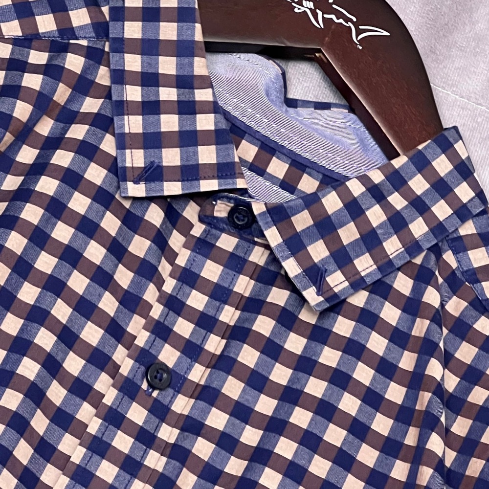 Johnston & Murphy Button Down Shirt Mens XL Blue Tan Gingham Excellent Cotton LS